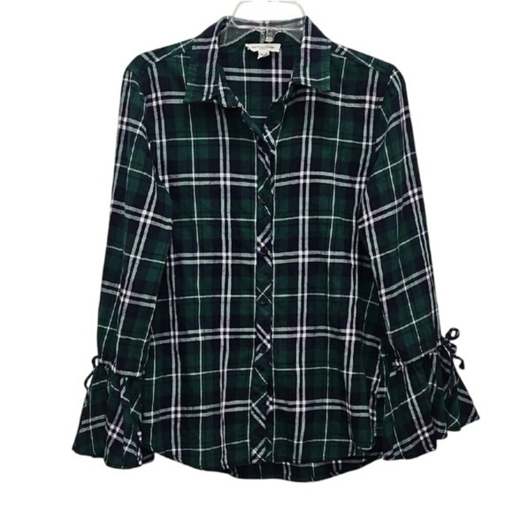 beachlunchlounge Bell Cuff Plaid Button Up Collared Shirt Small Holiday Festive